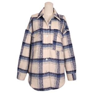 Good American Plaid Sherpa Shirt Jacket Cream Indigo Plaid Sz Small/Medium